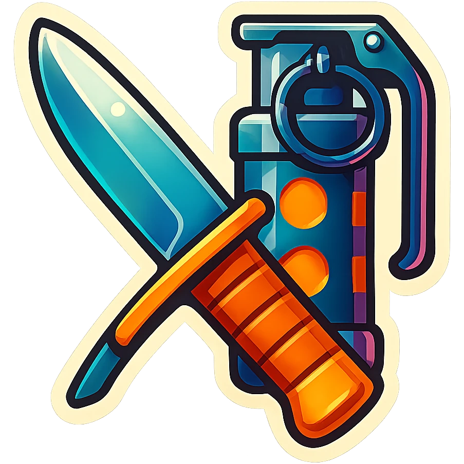 a crossed combat blade and flashbang, square symmetrical framing, 90s futuristic emoji