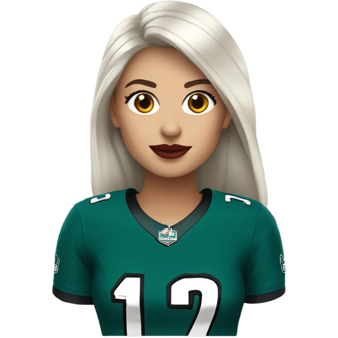 White female long dark hair red lips wearing Philadelphia Eagles jersey emoji