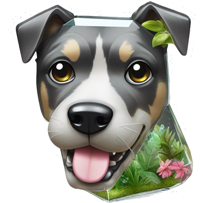 A dog made of glass mirror crystals prisms glass transparent filled with plants as a terrarium with graffiti doodles emoji