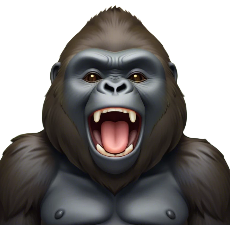 Cinematic Cute Yawning Gorilla Portrait Emoji, Head tilted slightly with a dramatic, wide-open yawn, showcasing a thick, velvety Fur with drowsy, half-closed eyes and a relaxed, open expression, Simplified yet irresistibly adorable features, highly detailed, glowing with a soft, cozy jungle glow, high shine, relaxed yet expressive, stylized with a dash of whimsical primate charm, soft glowing outline, capturing the essence of a drowsy yet affectionate guardian that appears ready to stretch out for a nap! emoji