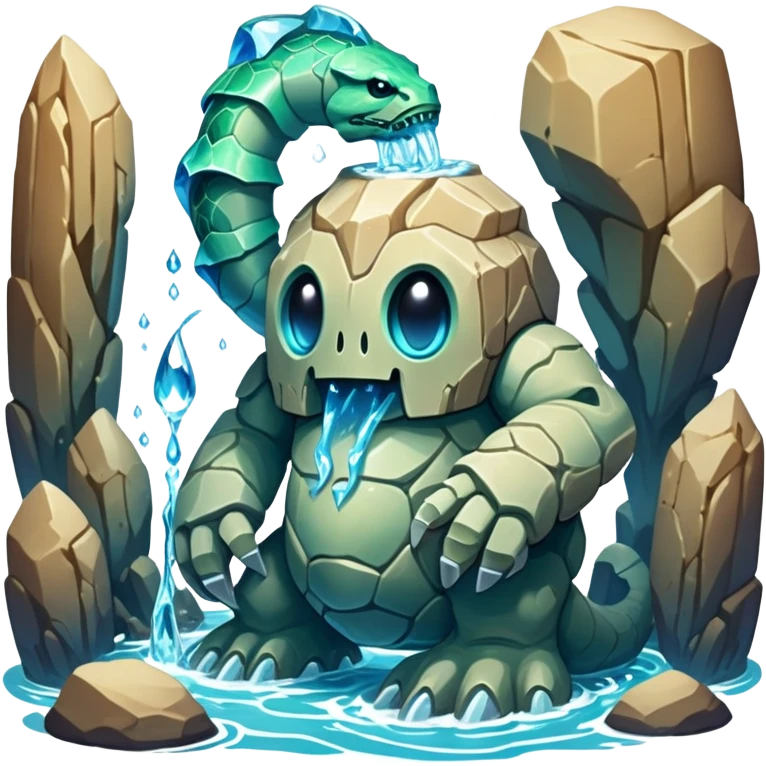 Design a unique elemental sandstone guardian golem creature that combines the crystalline rock golem's defensive fortitude with the spectral water serpent's fluid grace, perhaps creating a being with a segmented stone core that flows like water and channels ghostly aquatic energy through embedded gems. fluorescent bioluminescence between the cracks emoji