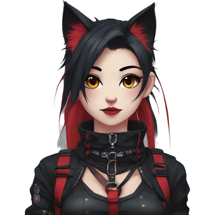 Gorgeous gothic dark techwear anime style anthro cat furry with blushing face aesthetic and pretty edgy black red punk messy ponytail hair with collar and harness trending style emoji