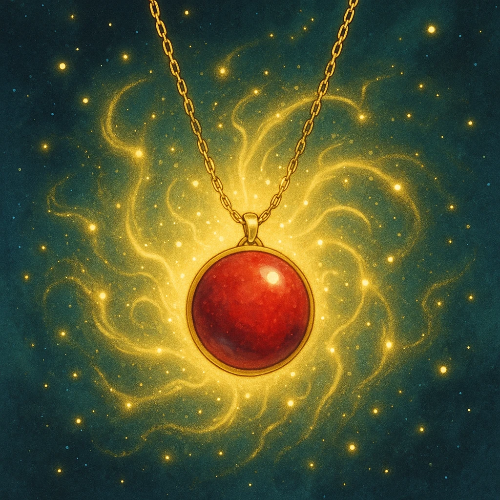 conceptual ethereal design of a red ball granite pendant on a delicate gold chain, surrounded by shimmering energy emoji