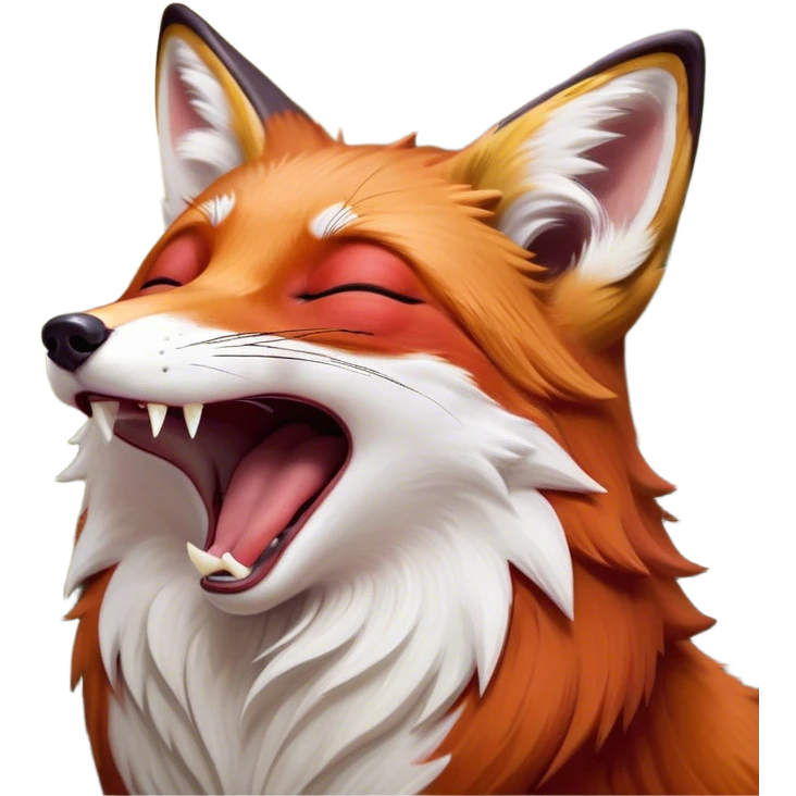 Cinematic Cute Yawning Fox Portrait Emoji, Head tilted slightly with a dramatic, wide-open yawn, showcasing a soft, velvety red Fur with subtle white accents, floppy ears slightly drooping, round amber eyes barely open in drowsy contentment, Simplified yet irresistibly adorable features, highly detailed, glowing with a soft, cozy glow, high shine, relaxed yet expressive, stylized with a touch of natural whimsy, bright and endearing, soft glowing outline, capturing the essence of a sleepy yet affectionate fox, so drowsy it feels like it could stretch right out of the screen and curl up for a nap! emoji
