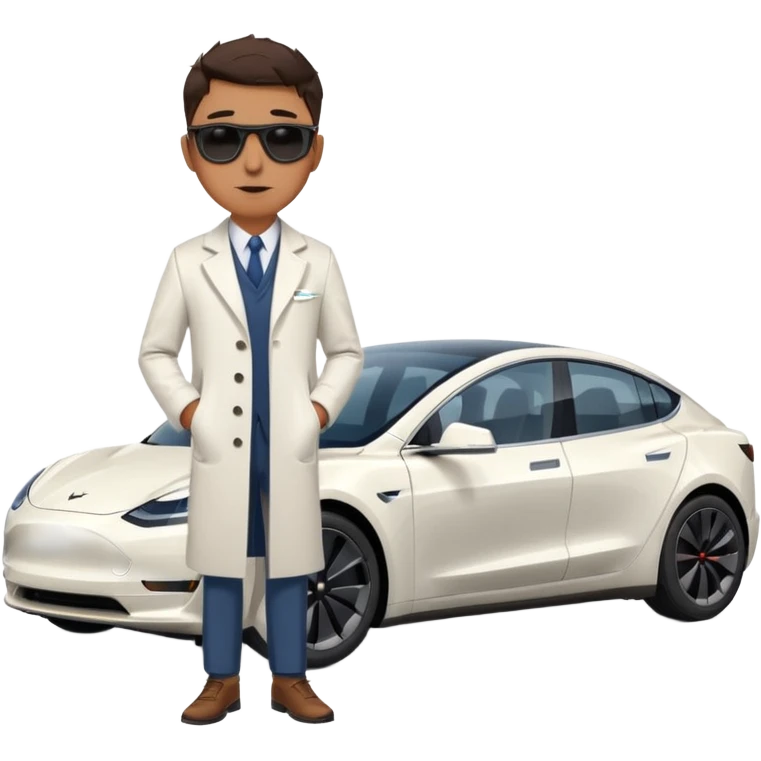 White tesla model 3 with a cool physician with sunglasses next to it emoji