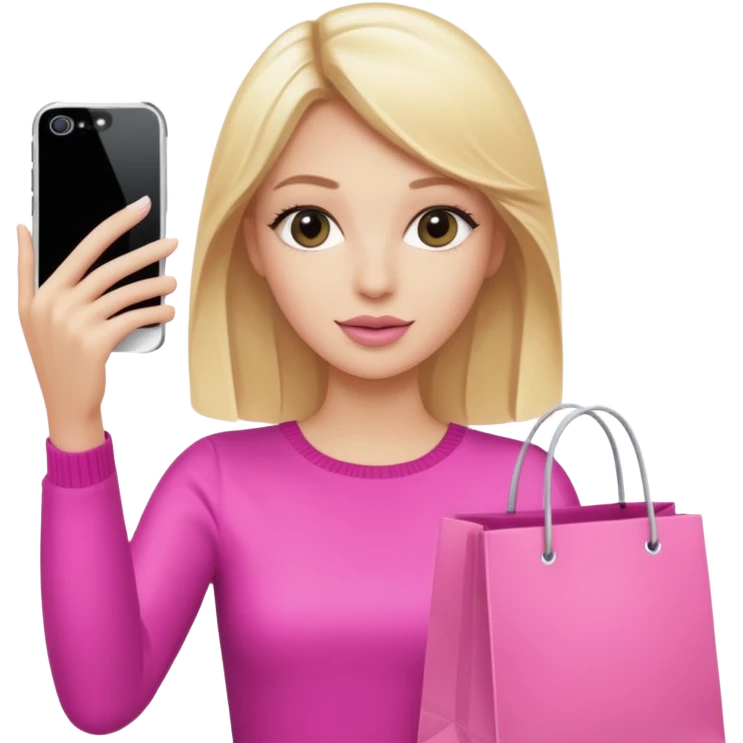 Blond influencer taking selfie with an iphone with one hand and a pink shopping bag next to her  emoji
