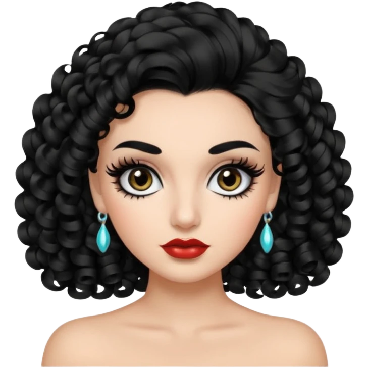 generate the emoji of a girl with fair skin, black hair, bombshell curls, black eyes, long false eyelashes, black eyebrows, latina makeup emoji