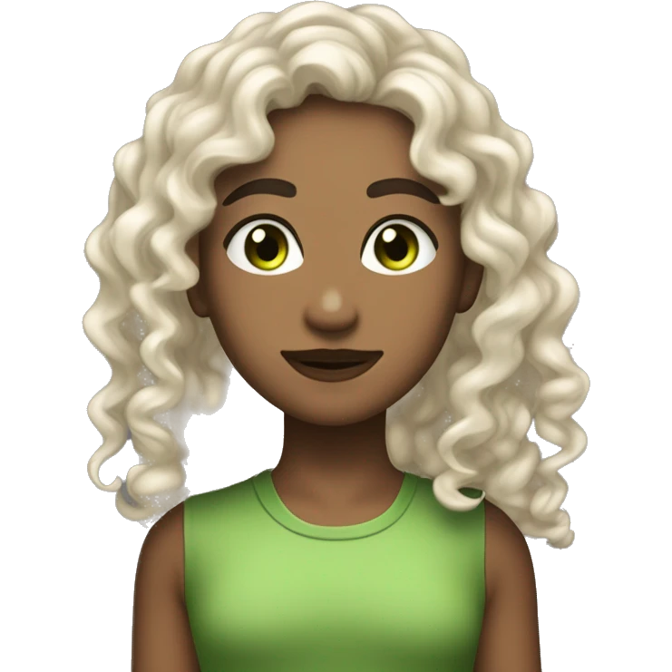 long curly hair,eyes with a hint of green, eyes positive  canthal tilt ,medium thick shaped eyebrows , and medium thin lips, round face shape, soft jawline, full body, teen, sensual, american emoji