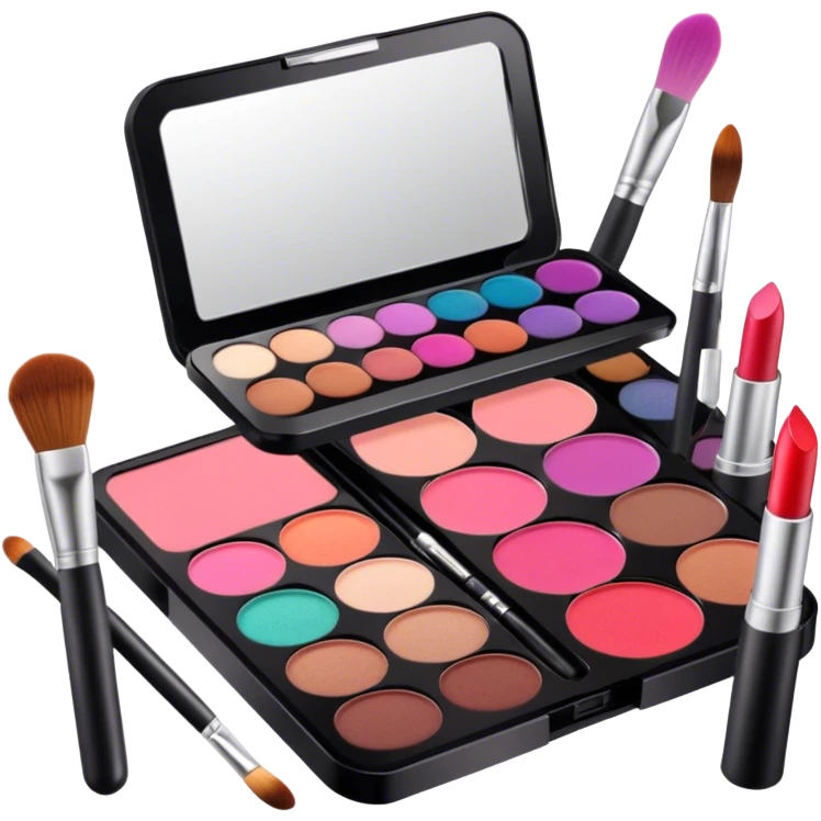 A photorealistic icon featuring makeup brushes, lipstick, eyeshadow palette, and a compact mirror with a completed makeup look. Bright, detailed design with realistic textures and lighting. Transparent background, clearly symbolizing makeup and beauty. emoji