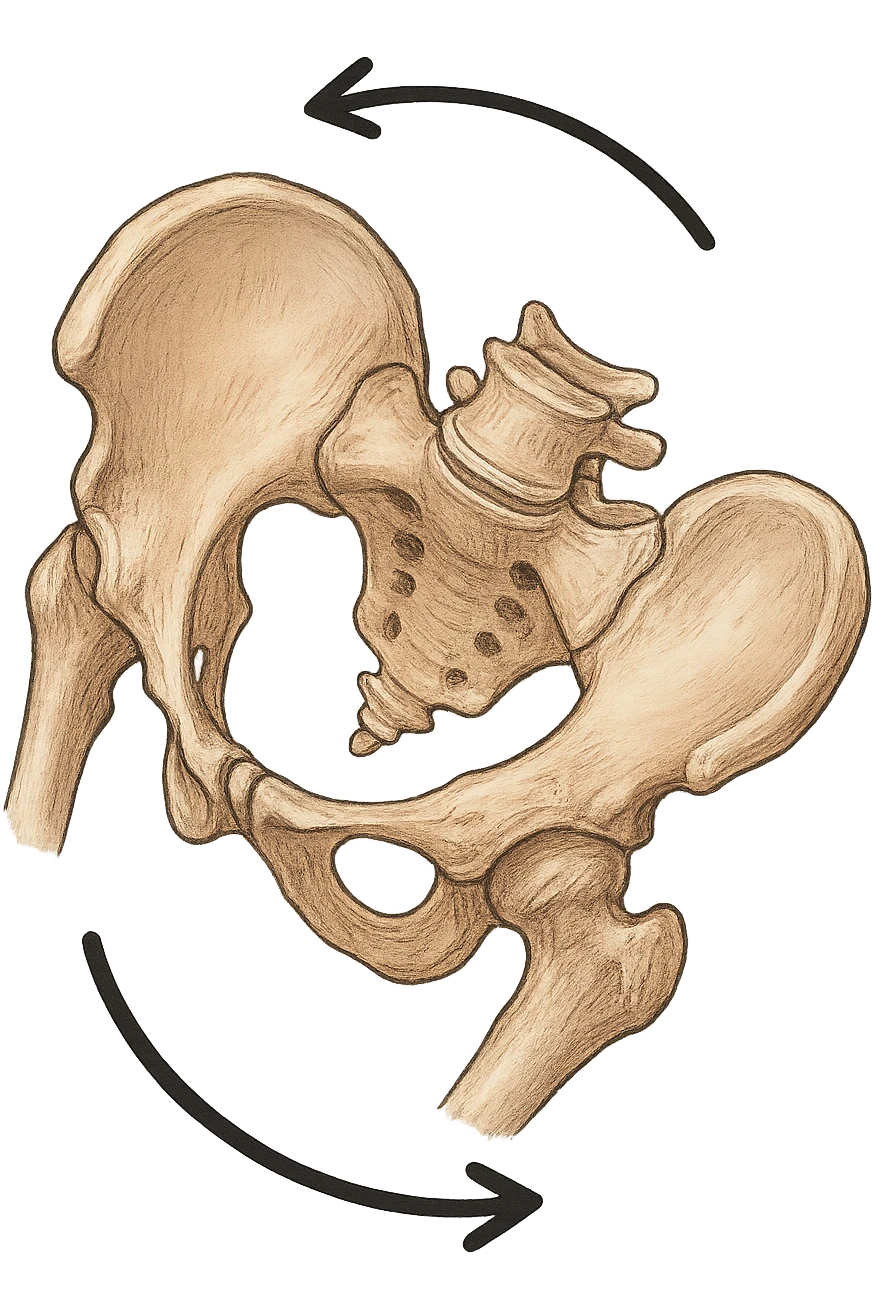 Bacino anatomico ruotato in senso orario con le frecce per far capire emoji