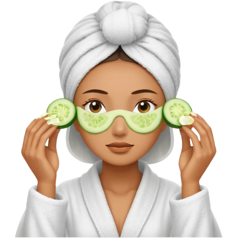 woman at the spa with cucumbers slices covering her eyes and tan skin tone with towel completely covering hair and robe on emoji