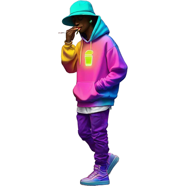 Multicoloured neon person smoking wearing hoodie dancing hip hop bucket hat tropical Skater fashion aesthetic baggy clothes graphic t shirt 420 emoji