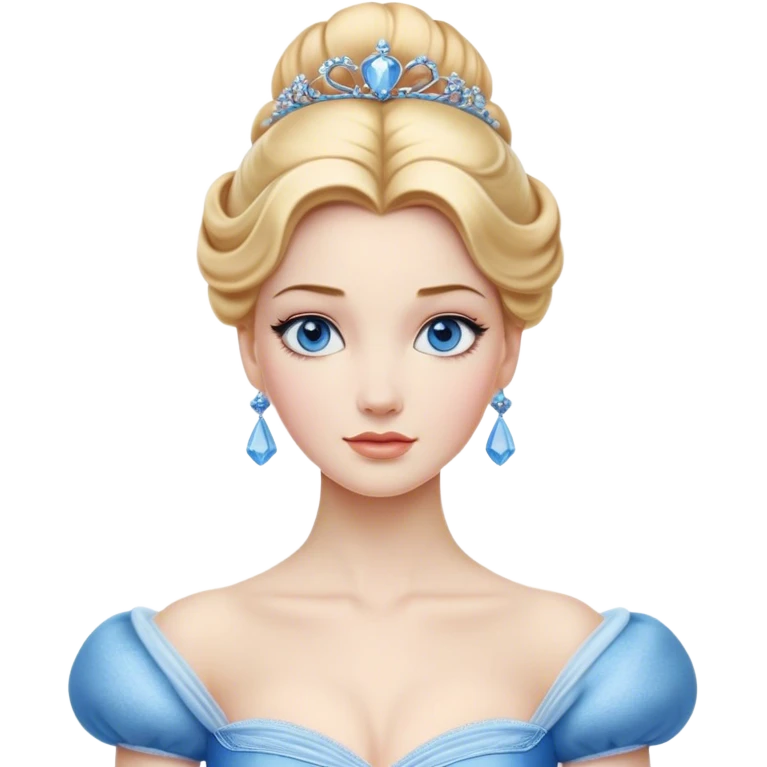 Cinematic Realistic Noble Cinderella Portrait, depicted with porcelain skin rendered in lifelike detail and soft, natural lighting that highlights every delicate nuance. Her intricately styled golden-blonde hair is arranged in an elegant updo, and her deep, expressive blue eyes radiate quiet determination. She wears her classic ball gown with rich fabric textures and delicate folds catching the light beautifully, all set against a subtly glowing, natural background that captures the essence of timeless royal grace. emoji