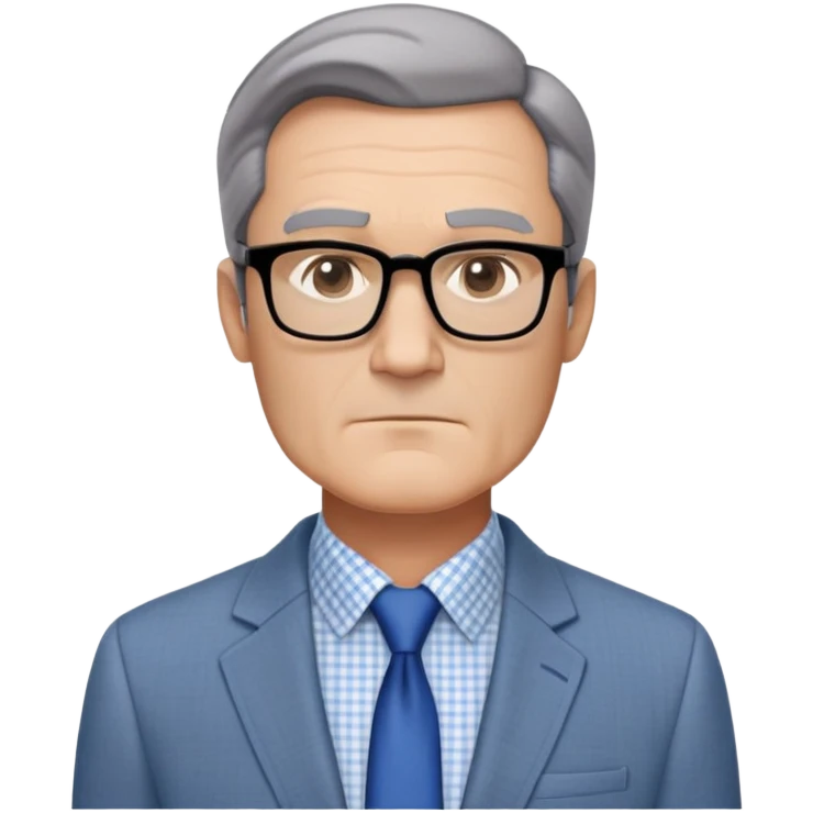 Middle-aged man around 50 with oversized square jawline that's broader than his forehead. Large dark square-framed glasses, short straight hair with subtle graying and side part. Serious expression. Light gray blazer, white button-up shirt with blue checkered pattern. emoji