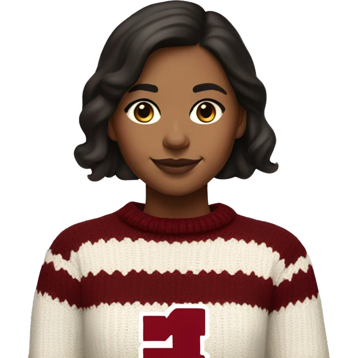 Girl with dark brown hair and warm toned white skin wearing a crimson and white sweater with the black crimson and white Harvard University logo on it  emoji