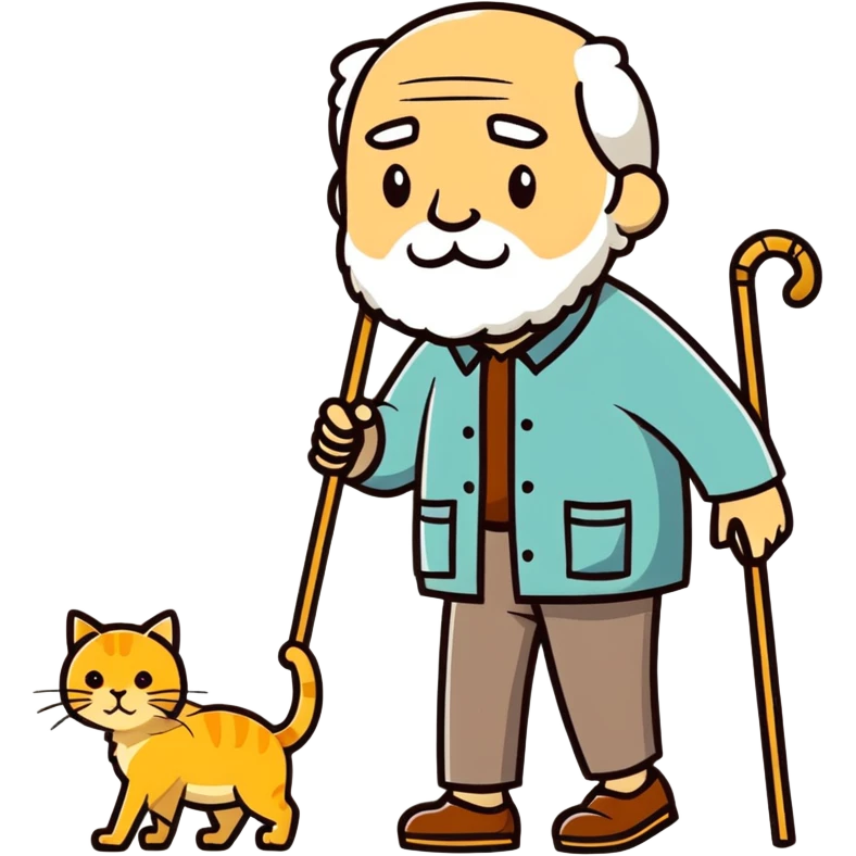  old blind man and his walking stick with golden cat ￼ emoji