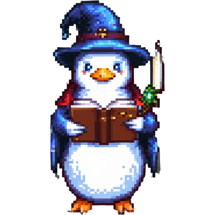 pixel art penguin wizard holding an open spellbook emoji