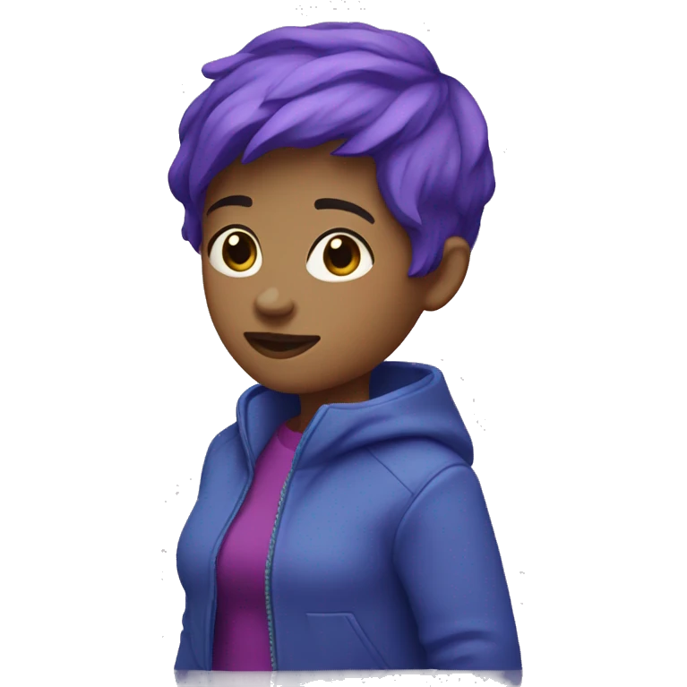a girl with a purple short hair and purple jacket and blue hort jens emoji