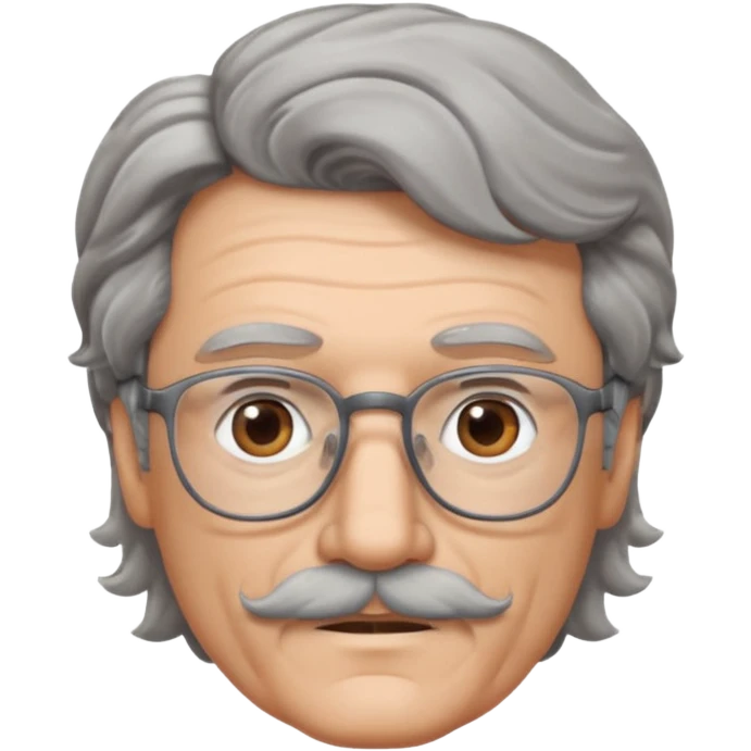 Generate a portrait of a slightly older man with glasses. His hair is quite thin, gray, but wavy. He has brown eyes and a mustache. emoji