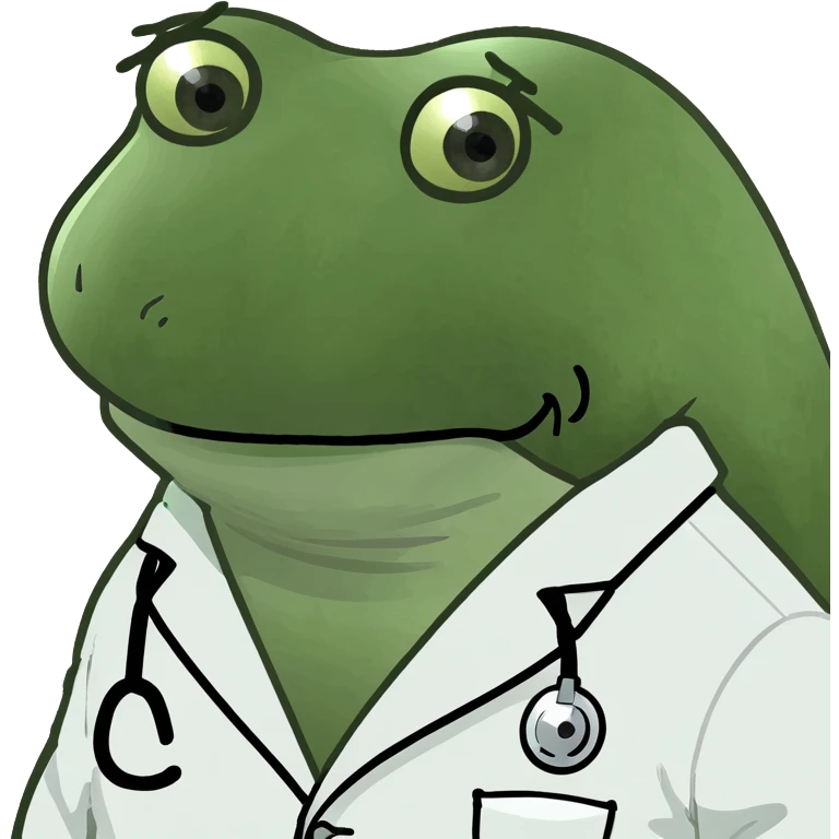 bufo frog in a white medical coat, sad eyes, facing forward emoji