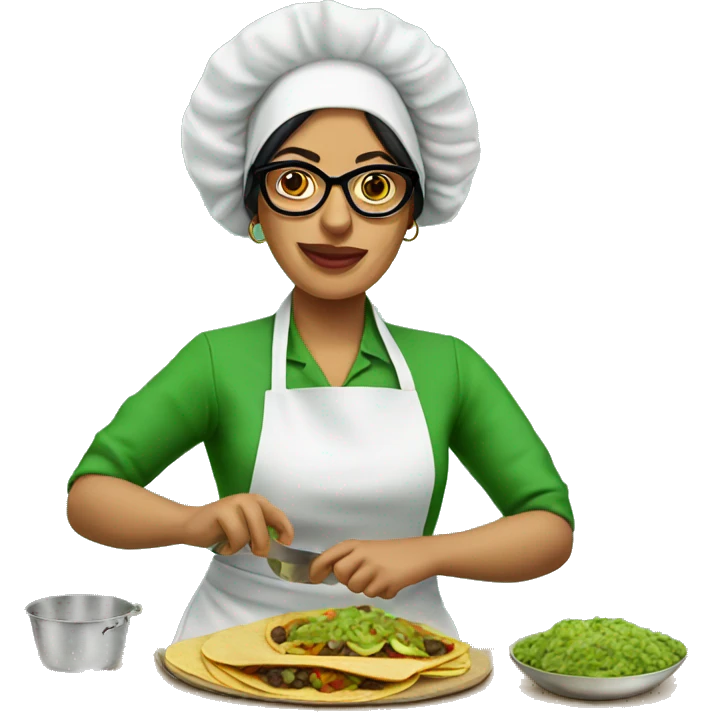 mexican lady green apron  with glasses cooking tacos emoji