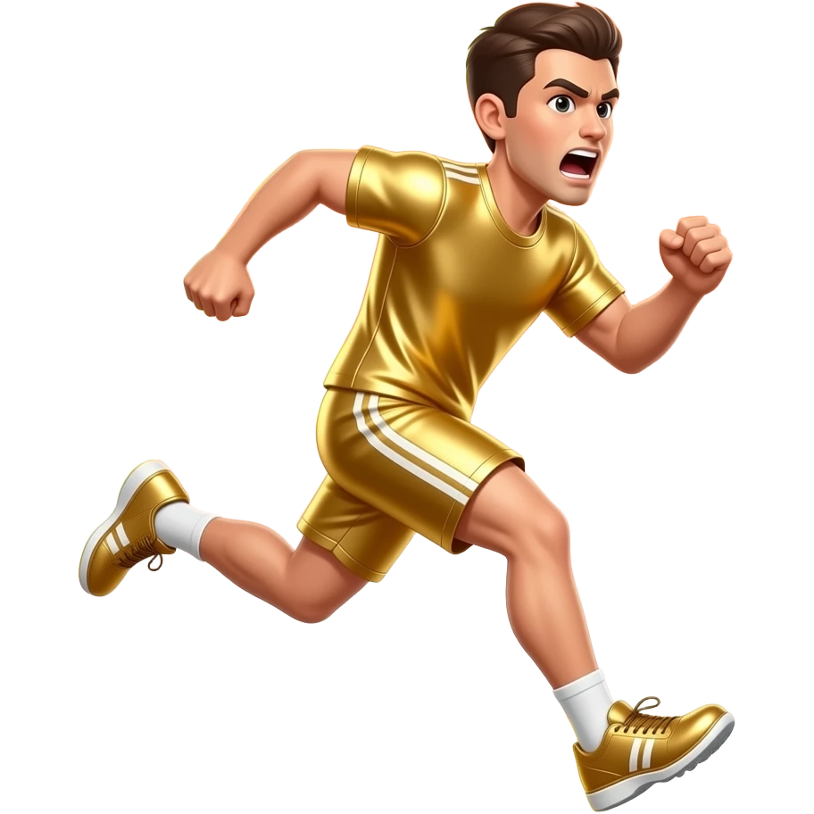 🏆 emoji, intense energetic face, running fast, fire trails, coral orange background, metallic gold sheen, dynamic pose, high quality emoji