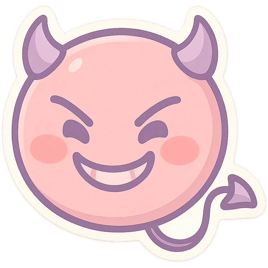 devil emoji in chibi style with pastel palette of soft pink and lavender, small horns, mischievous grin, gentle highlights emoji