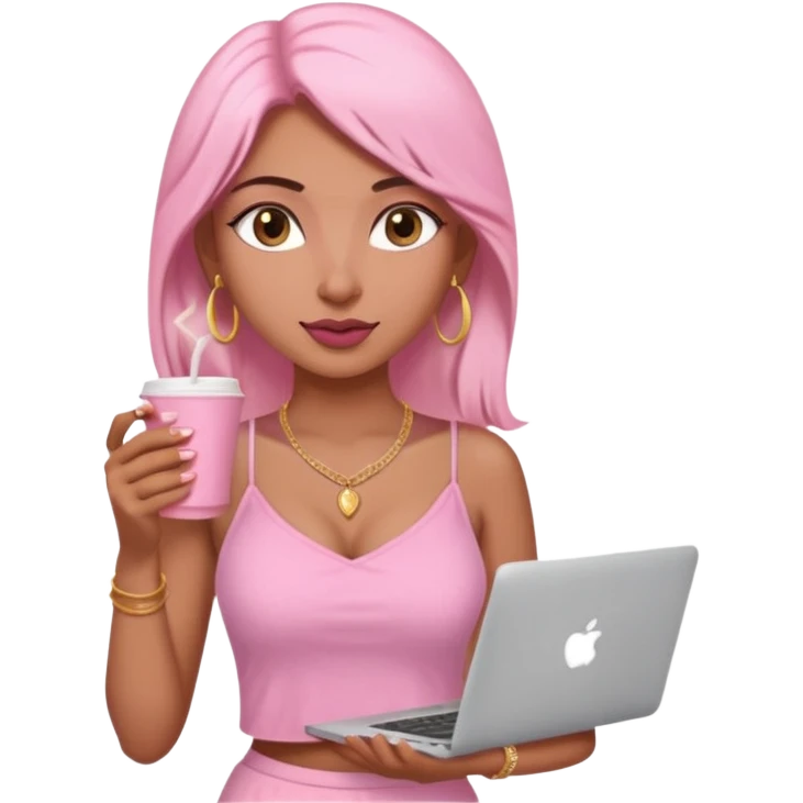 a pretty fair indian bratz girl with a pink cami top, drinking takeaway brown coffee, golden dainty necklace and carrying a white macbook emoji
