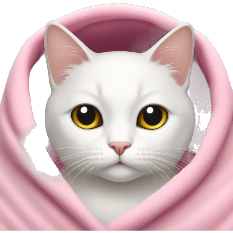 A white cat with pink winter blanket  emoji