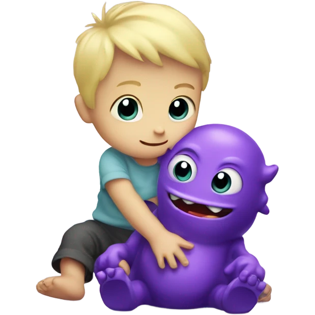 Little blonde baby boy playing with a purple monster friend emoji