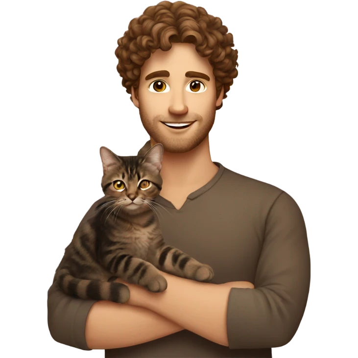 Man with brown curly hair holding dark brown tabby cat emoji