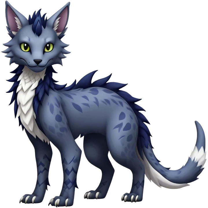Kawaii dark edgy fantasy feline-vernid-sergal-fursona animal creature with a tufted tail full body with intricate markings  emoji