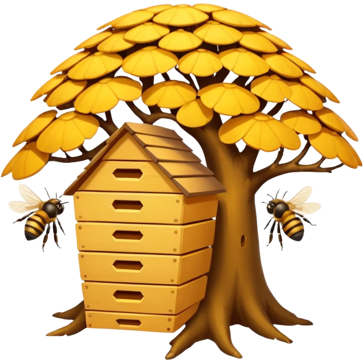 A small hive nestled between tree branches with worker bees. emoji