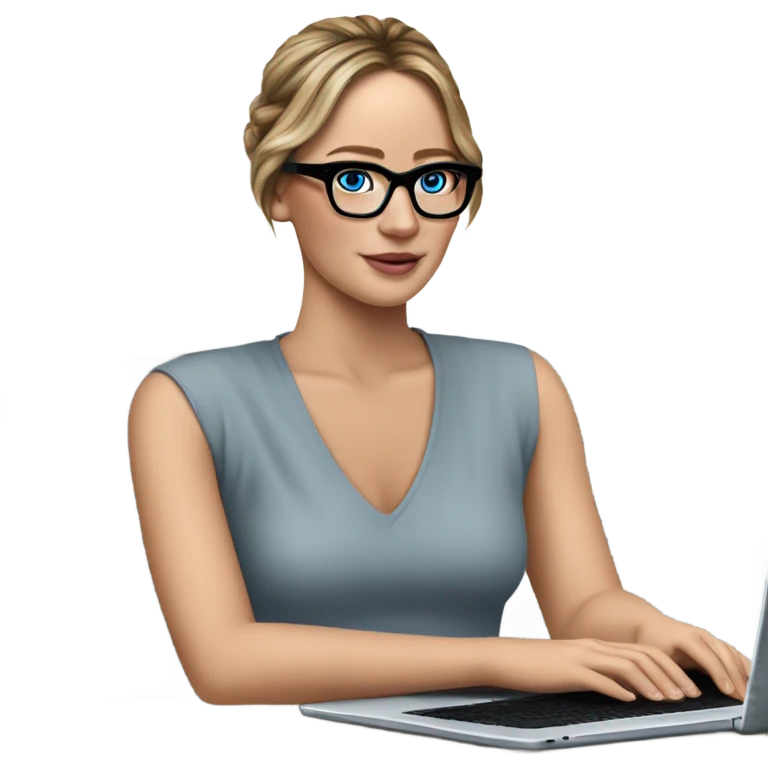 Realistic Photo of Brunette Jennifer Lawrence wearing black glasses and blue eyes talking on their laptop  emoji