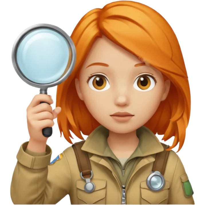 braid orange haired girl in explorer outfit, holding magnifying glass emoji