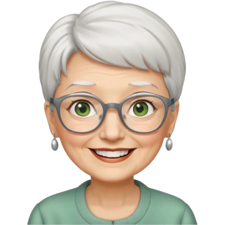 Create me emoji of an old lady. Short white hair to left side. Square glasses. Gray-green eyes. Big smile. emoji
