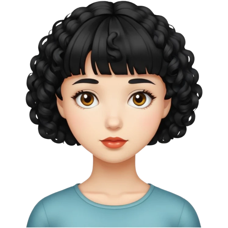 Garota de cabelo preto curto e cacheado com franjinha emoji