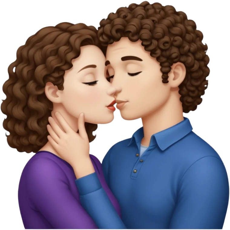 A couple kissing, the man would be white-skinned, short-curly, brown-haired. The serious woman with white skin, long hair and brown color emoji