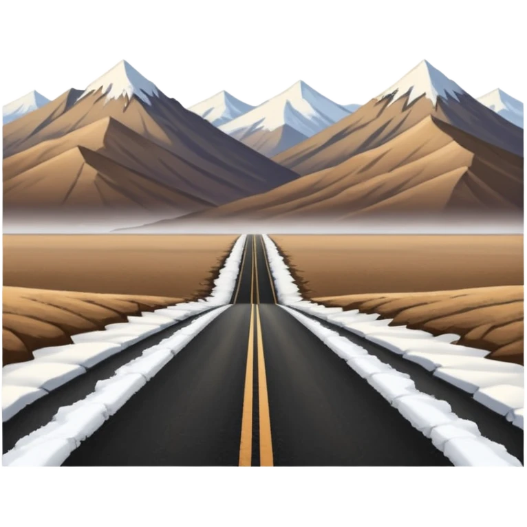 A long straight dirt road that disappears into the horizon half way up the screen from the perspective of someone sitting in the middle of the road looking down it. Flat snow fields on both sides of the road with huge looming mountains above the roads horizon line.  emoji