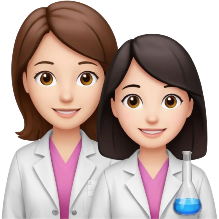 cientificas con blusa rosa y bata blanca felices, una chica con pelo marrón y otra chica con pelo negro emoji