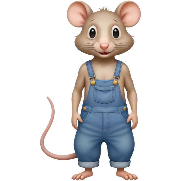 cartoonish hillbilly rat wearing overalls no shirt standing and talking. human eyes emoji