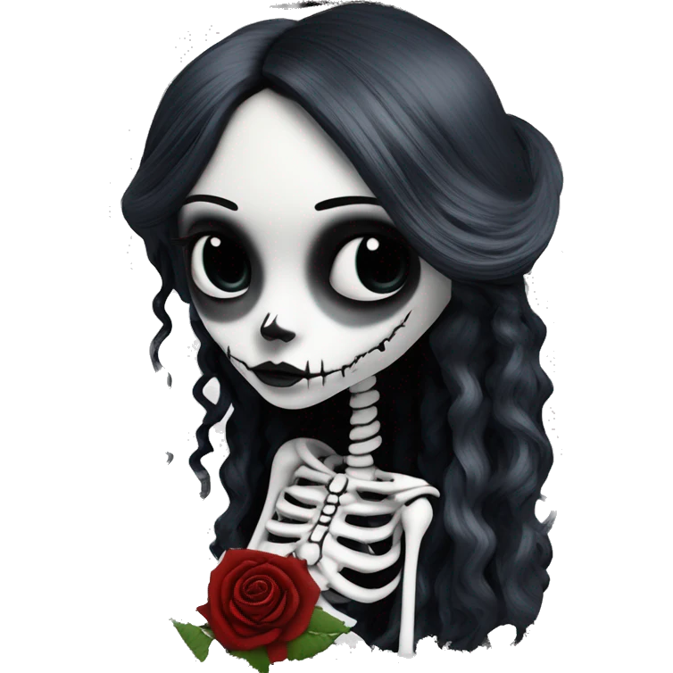 full height skeleton, tim burton "corpse bride", thin porcelain doll with a cracked face, goth makeup watery eyes, long hair, lace and ruffles, lolita style, inked, black and white, red roses, gothic castle with roses emoji