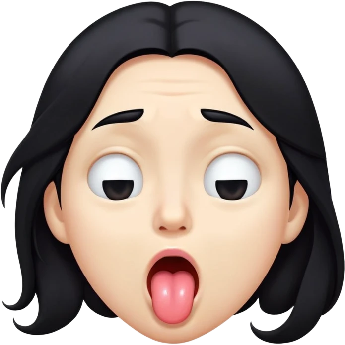 surprised and disgusted face with long black hair, goopy white liquid on cheeks, lips, and tongue, tongue sticking out, eyes shut, expressive face emoji