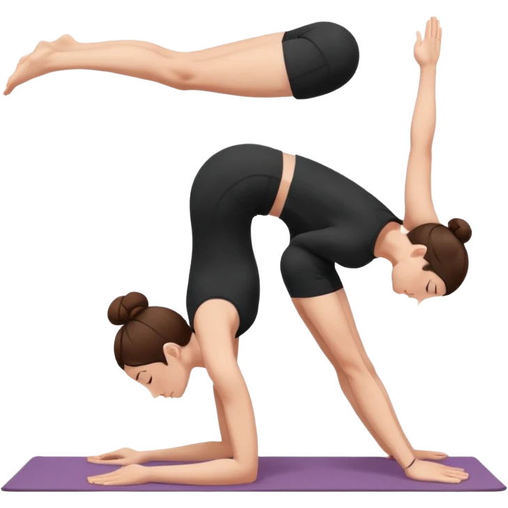 Minimalist flat vector illustration of a woman doing yoga in forward fold pose (Uttanasana), wearing sportswear (black top and black shorts), brown hair in a bun, clean white background, no face details, elegant style emoji