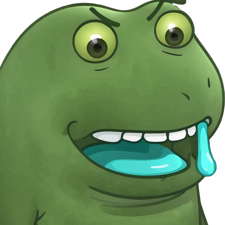playful green semi-transparent emoji with melting goopy texture, wide mouth, expressive eyes, channeling chaotic energy of AI slop and Slimer emoji