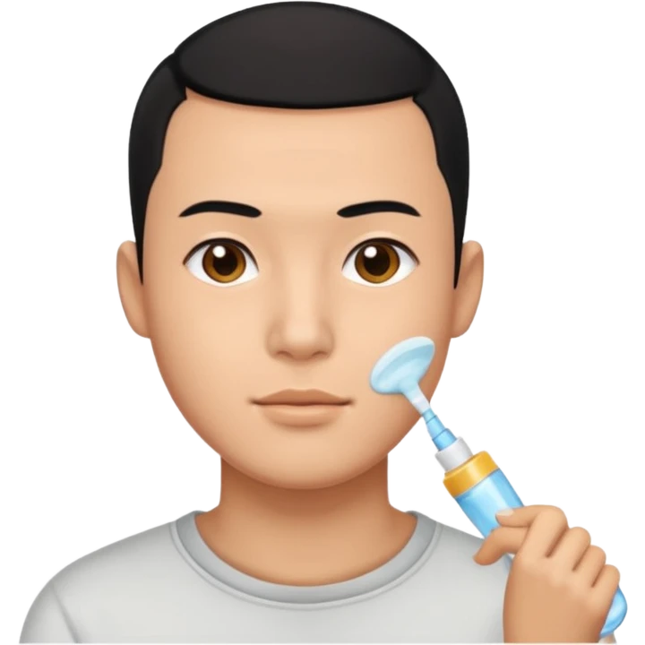 chinese man with buzz cut (black hair) doing skincare emoji
