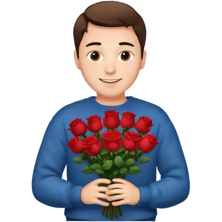 male memoji, man in a cozy sweater, holding a bouquet of red roses, soft smile emoji