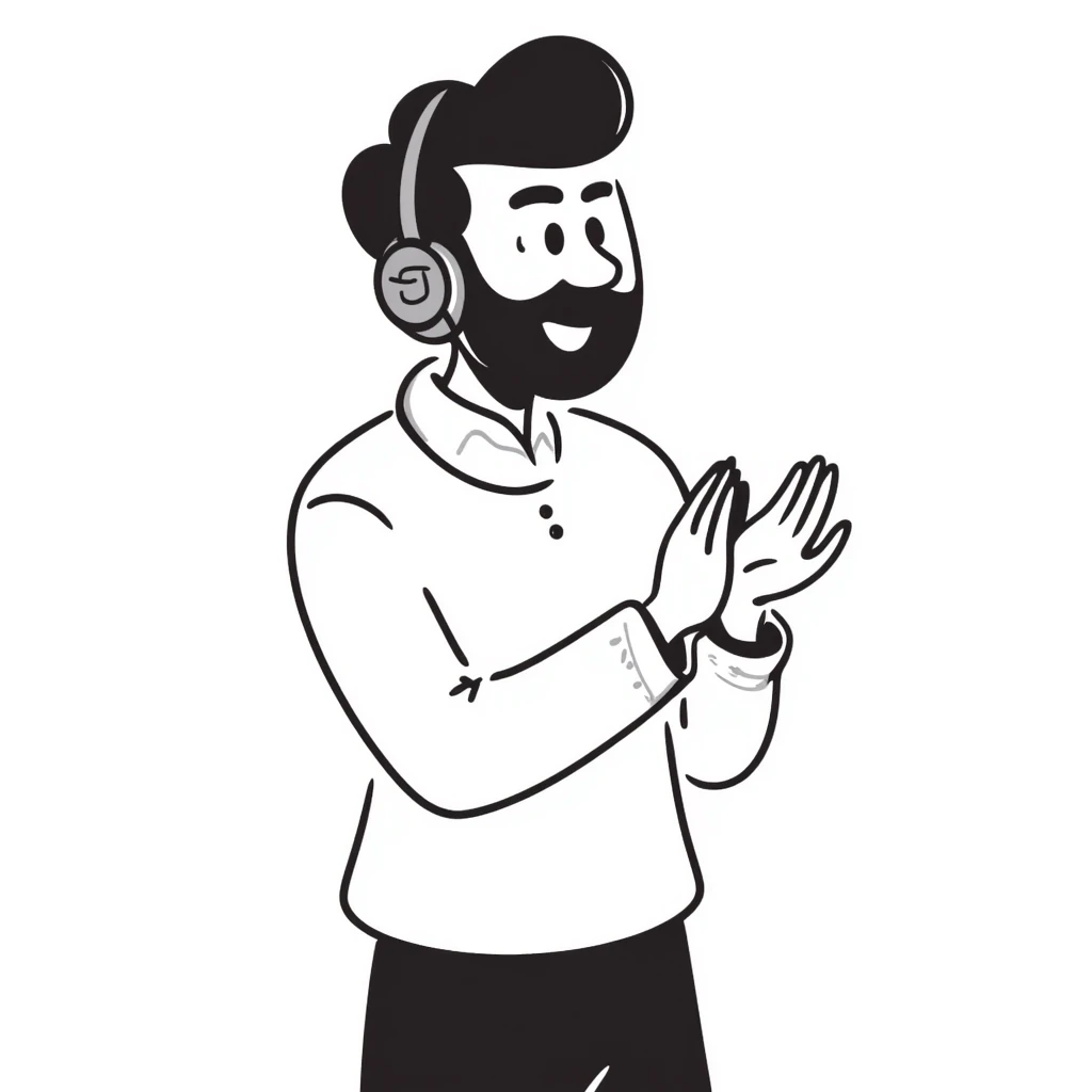 Anime style man with black hair, brown eyes, and black beard wearing gaming headset and clapping in celebration, anime art style emoji