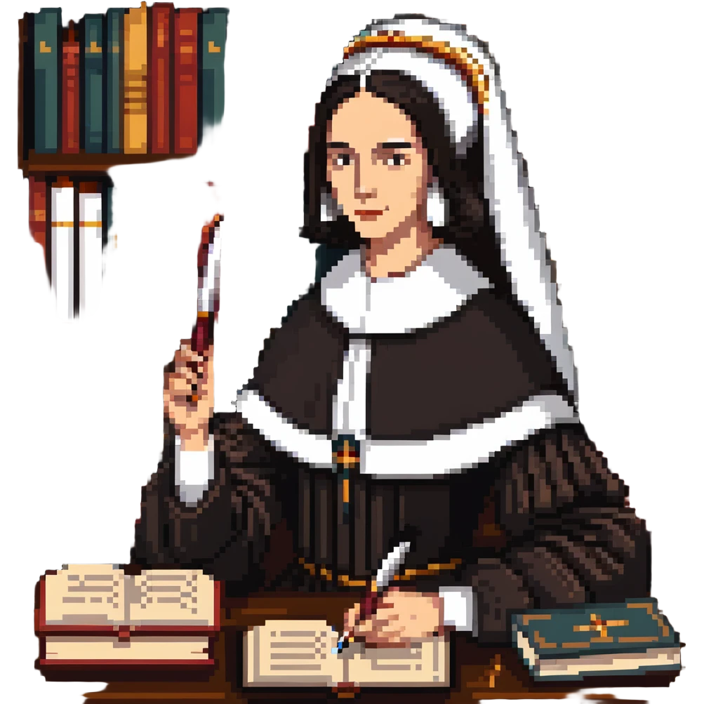 Sor Juana Inés de la Cruz with a quill pen and books emoji