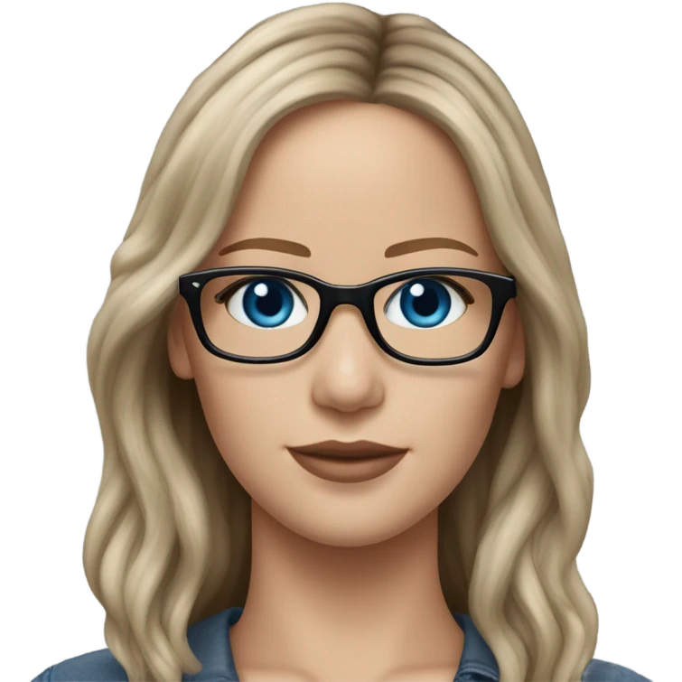 Lifelike  Jennifer Lawrence brunette lonh hair wearing black glasses and blue eyes  emoji